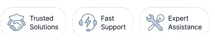 Feature badges showing Trusted Solutions with handshake icon, Fast Support with lightning icon, and Expert Assistance with wrench icon